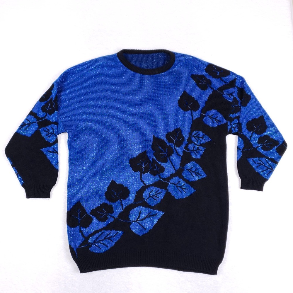VTG 80s Sweater Metallic Leaf Print Blue Black Lurex Knit Made in USA Grandma‎